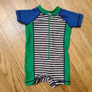 Hanna Andersson Blue and Green Striped Rashguard Onepiece Bathing Suit